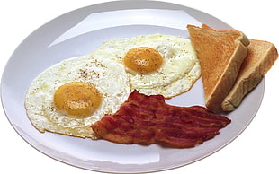 two white sunny-side egg,bacon and two slice of toasted bread on white ceramic plate