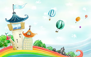 Building,  Rainbow,  Balloons,  Nature HD wallpaper