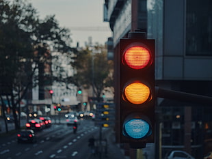 black traffic light, Traffic light, City, Light