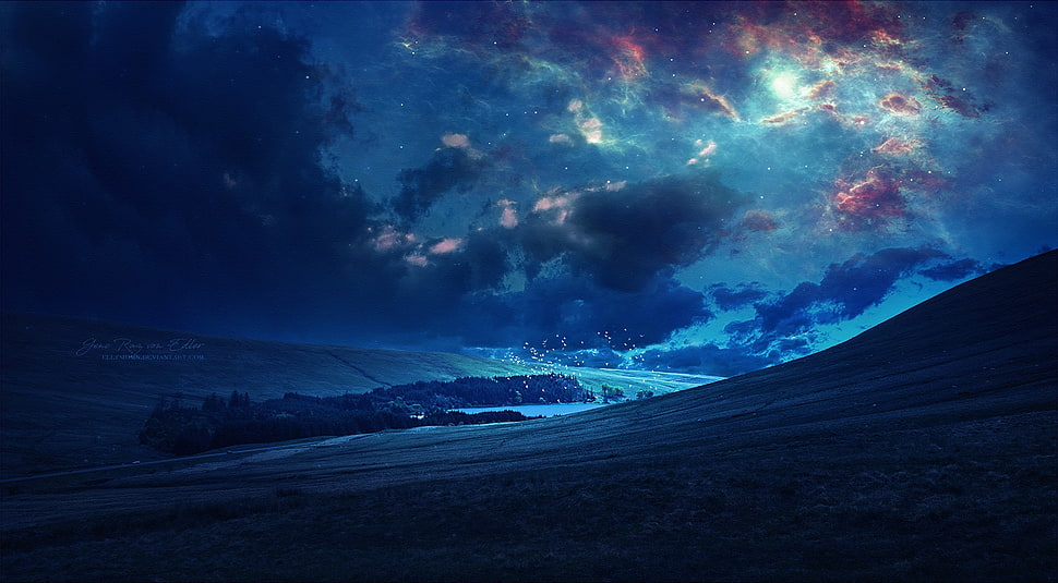 blue sky, artwork, landscape, clouds, field HD wallpaper