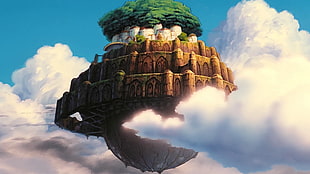 brown and green floating island illustration, Studio Ghibli, anime, Laputa: Castle in the Sky HD wallpaper
