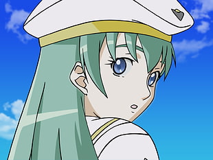 green haired woman anime character wearing white cap