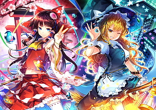 two female anime character poster, anime, Touhou, Hakurei Reimu, Kirisame Marisa