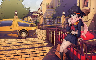 female anime character sitting on railing beside red car illustration