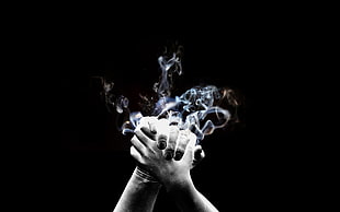 two hands and smoke wallpaper, black background, hands, smoke, digital art