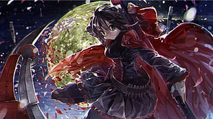 black haired female anime character holding katana and wearing cape digital wallpaper, anime, RWBY, Ruby Rose (character)