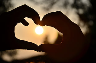 silhouette photo of two persons hands with heart shape during golden hour