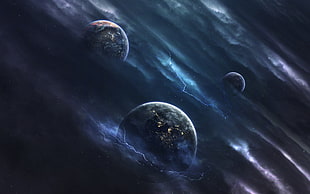 three planets illustration, Vadim Sadovski, digital art, space, space art