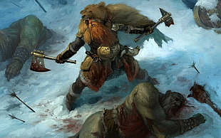 man wearing bear coat holding two battle axes illustration, fantasy art