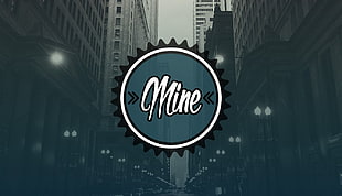 blue background with white mine text overlay, city, mine, vintage