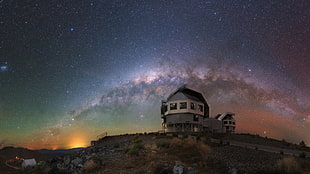 white wooden house, space, Milky Way, landscape