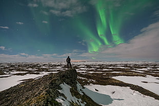 person standing on heel during daytime with aurora borealis, iceland