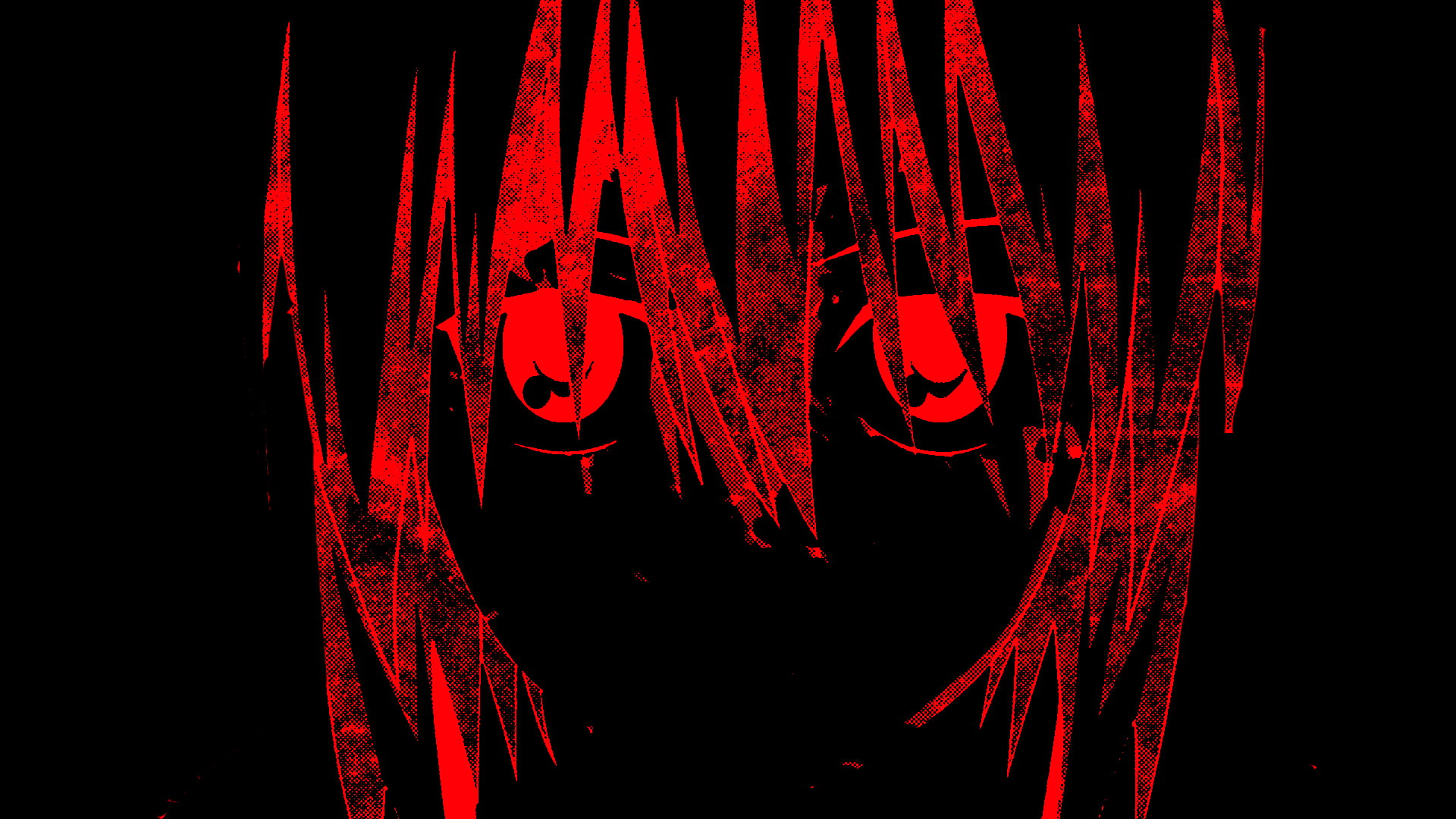 A sinister girl in the anime style smiles maliciously with fanged white  teeth her huge eyes glow in the dark she has two katanas behind her back  on a bloodred background with