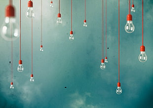 red pendant lgihts, minimalism, artwork, light bulb, clouds