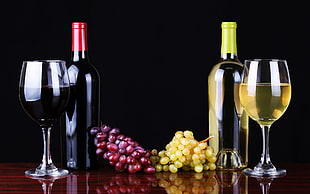 two clear wine glasses, wine, drink, grapes, fruit HD wallpaper