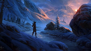 silhouette of person standing holding compound bow near body of water wallpaper, fantasy art, archer, snow, mountain pass