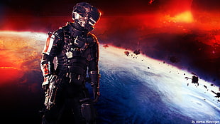 man wearing armor digital wallpaer, Dead Space 2, edited, surreal, colorful