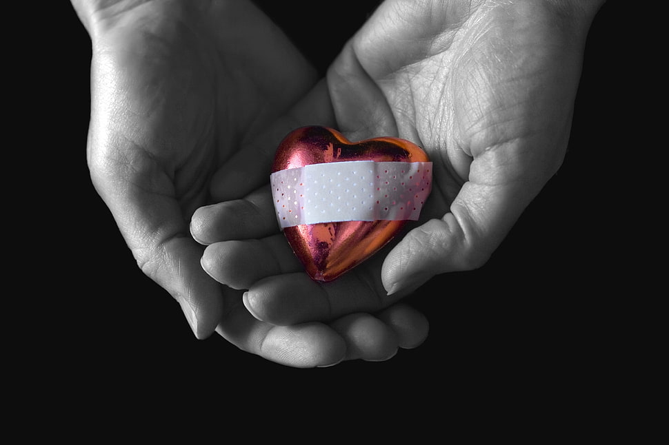 red heart with bandage on top of human palms HD wallpaper