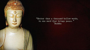 Gautama Buddha statue with text overlay
