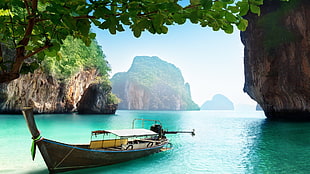 brown motorboat, Thailand, Thai, sea, water
