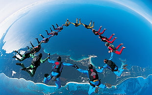 men's blue sky diving suit, sky diving, parachutes