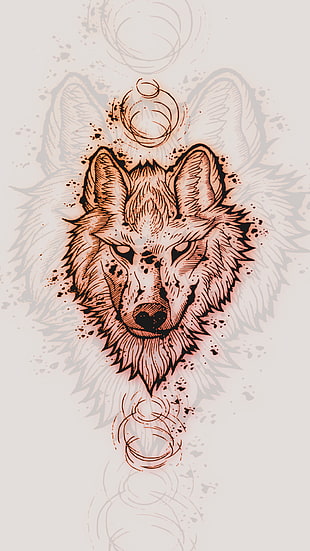 brown wolf painting, wolf, drawing