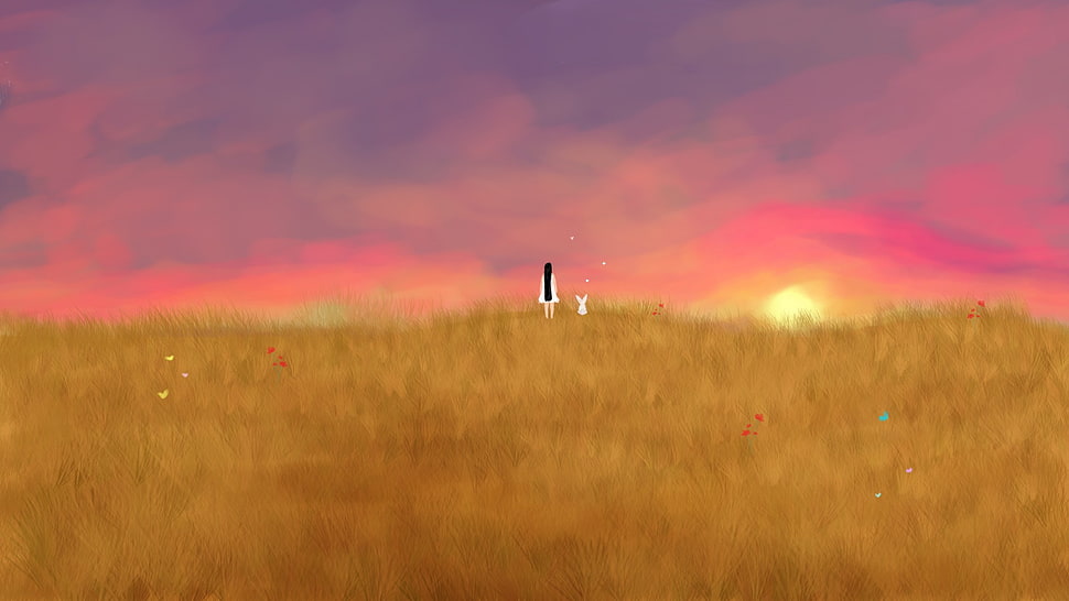 grassland painting, field, sunset, drawing, rabbits HD wallpaper