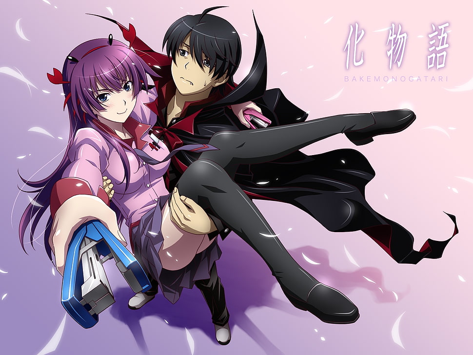 Guy,  Senjougahara hitagi,  Girl,  Stapler HD wallpaper