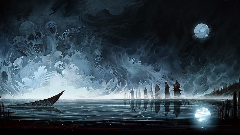 grim reapers on dock during night time painting, artwork, skull, Moon, reflection HD wallpaper
