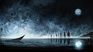grim reapers on dock during night time painting, artwork, skull, Moon, reflection