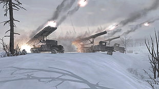 three battle vehicles, Katyusha Rocket, video games, snow, war