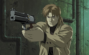 brown-haired male anime character holding pistol