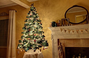 lighted Christmas Tree near fireplace and wall