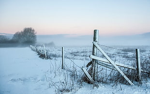 black and gray fence, landscape, snow, winter