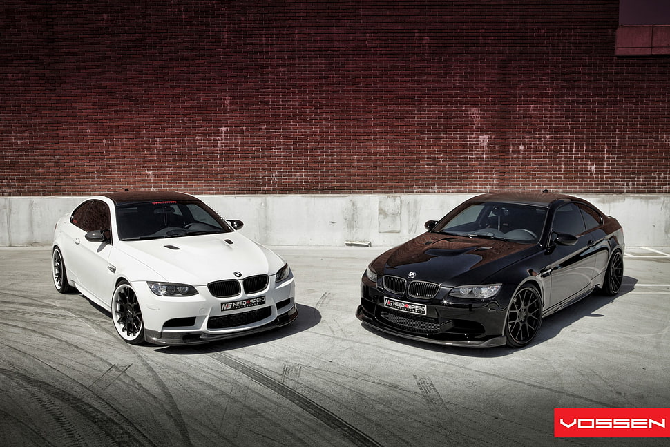 two black BMW sedans, car, BMW, white cars, black cars HD wallpaper