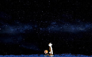 boy standing beside cat illustration, space, stars, blue, comics