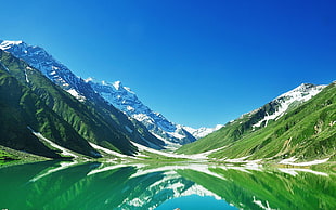 green and white mountains with blue sky background