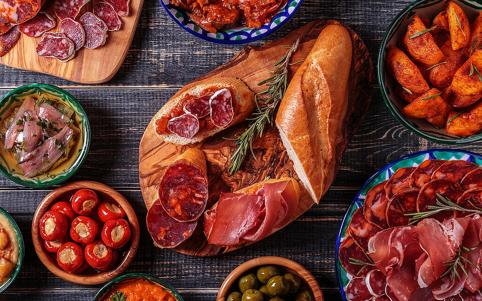 bread and sliced meats, bread, meat, vegetables, fish HD wallpaper