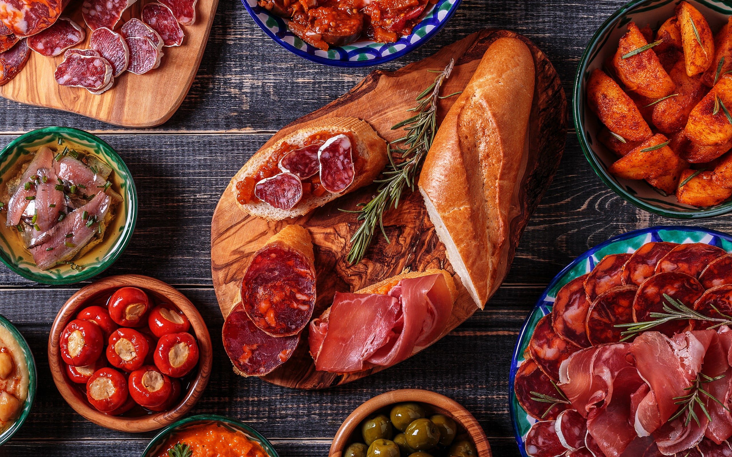 bread and sliced meats, bread, meat, vegetables, fish