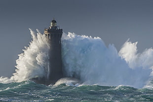 black lighthouse, lighthouse, waves, water