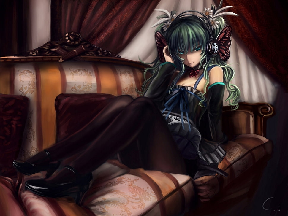Hatsune Miku sitting on couch illustration HD wallpaper