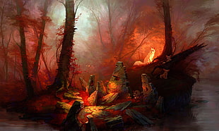 pack of wolves near ruins painting, red, forest, animals, fantasy art HD wallpaper