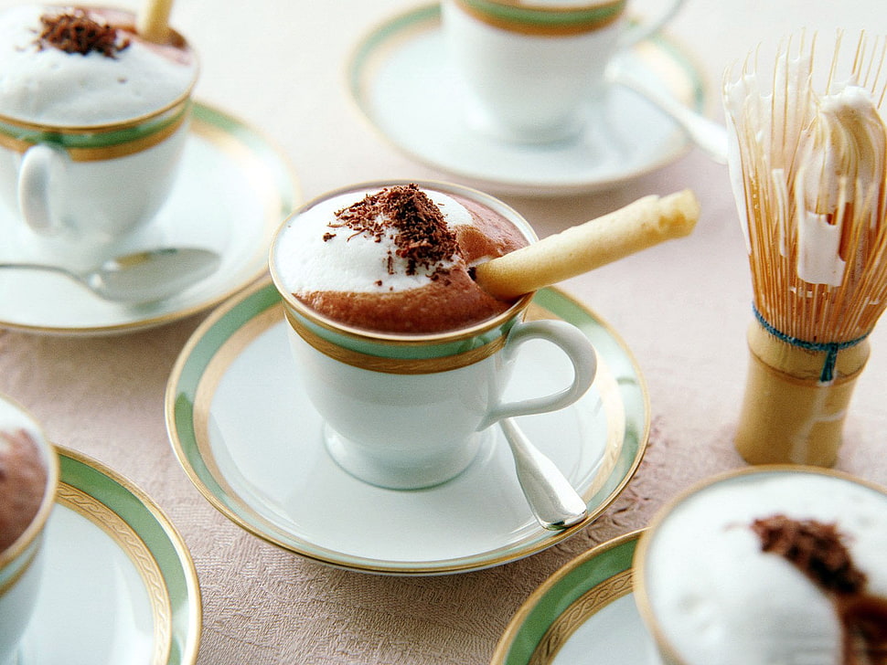 white, brown, and green ceramic mug HD wallpaper