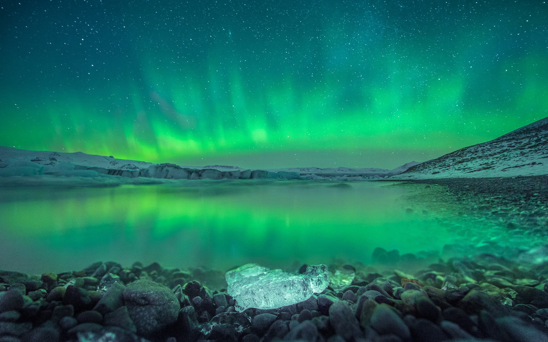 lake and green sky, nature, landscape, aurorae