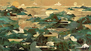 green and brown mountains painting, abstract, artwork, painting, mountains