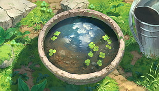 round gray pond, water,  Anime view