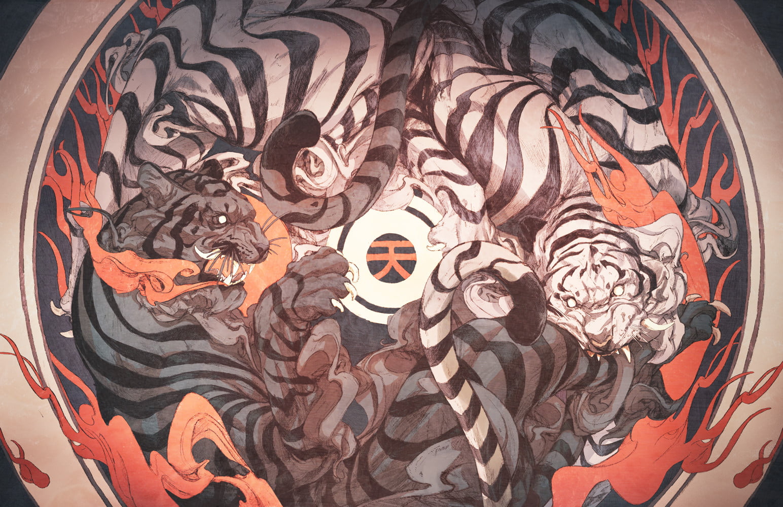 two black and white tiger painting, Yin and Yang, white tigers, fire