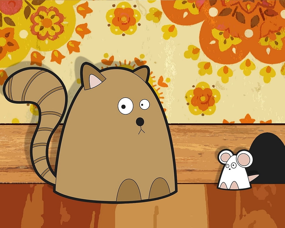 brown cat and white mouse illustration HD wallpaper