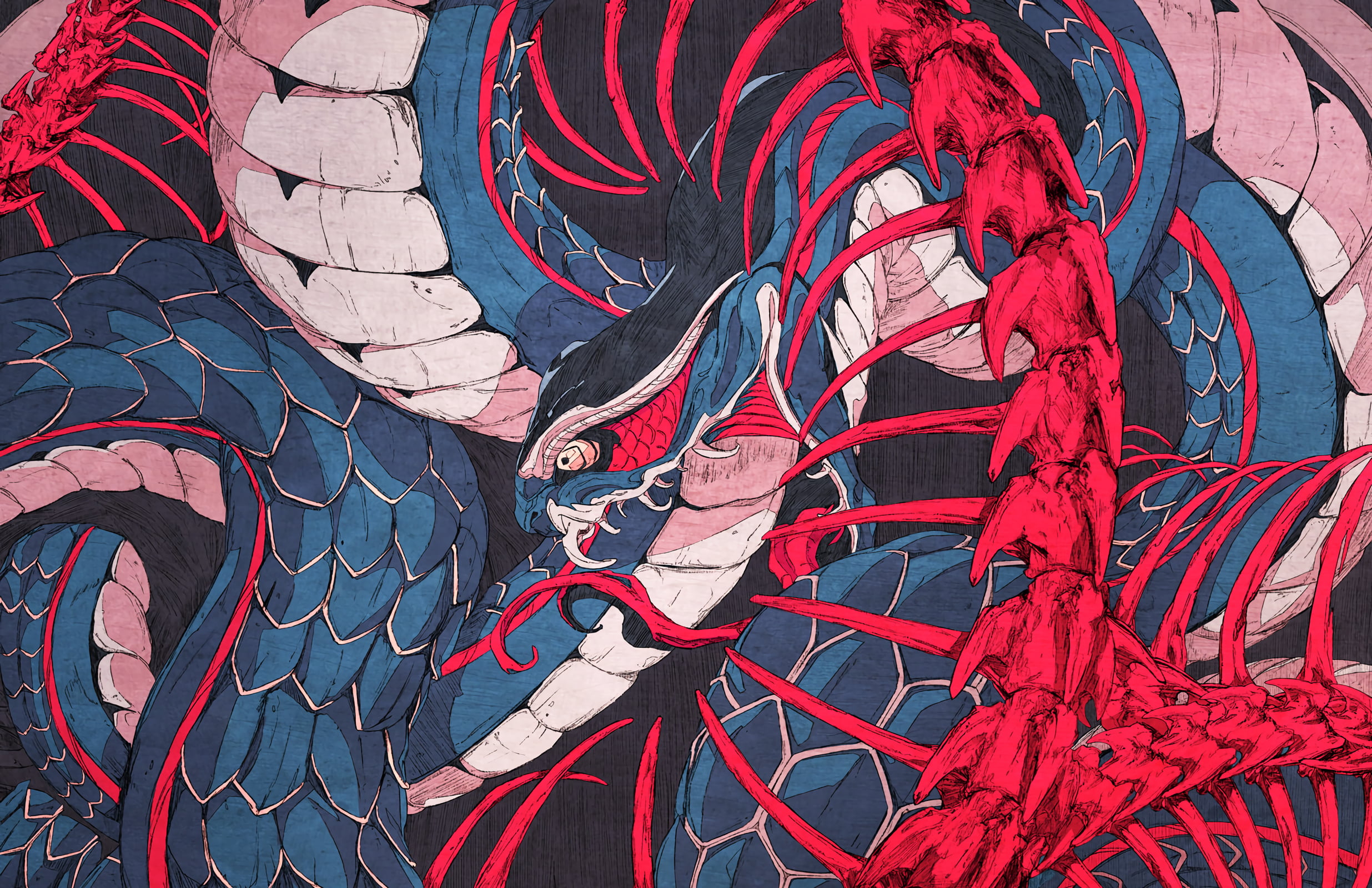 blue, red, and white dragon illustration, ouroboros, bones, snake, serpent ...