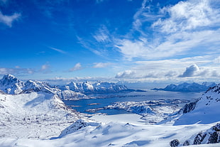 snow mountains, landscape, water, mountains, snow HD wallpaper
